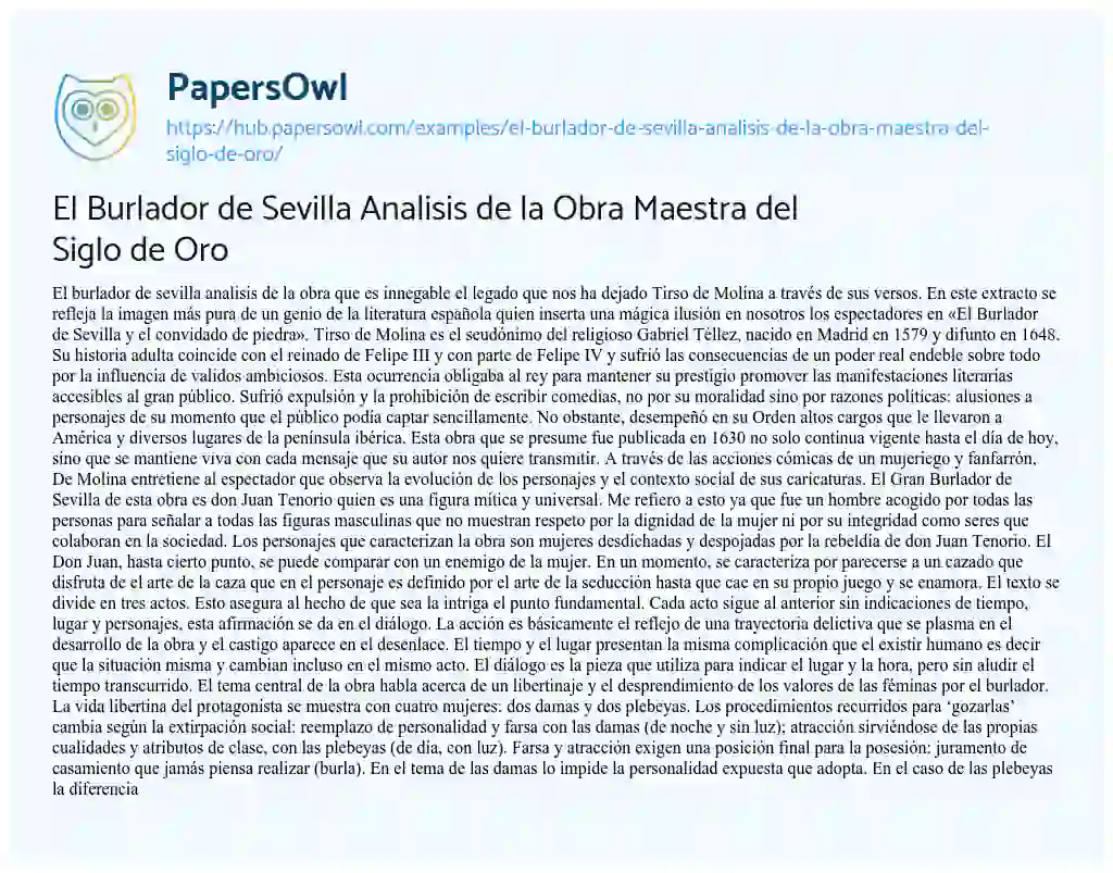 Essay on El Burlador de Sevilla Analisis de la Obra Maestra del Siglo de Oro