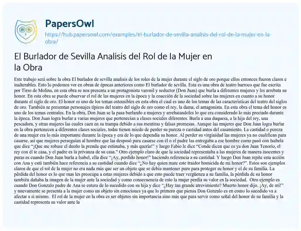 Essay on El Burlador de Sevilla Analisis del Rol de la Mujer en la Obra
