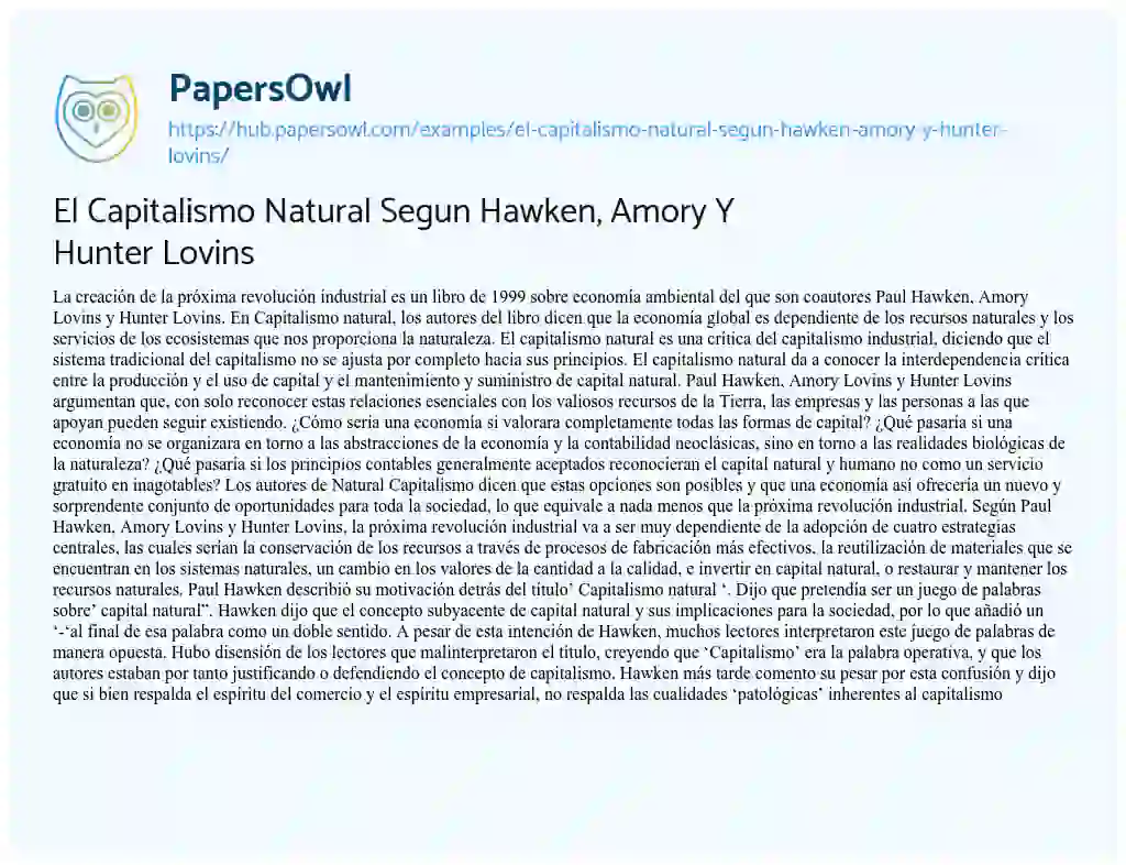 Essay on El Capitalismo Natural Segun Hawken, Amory Y Hunter Lovins
