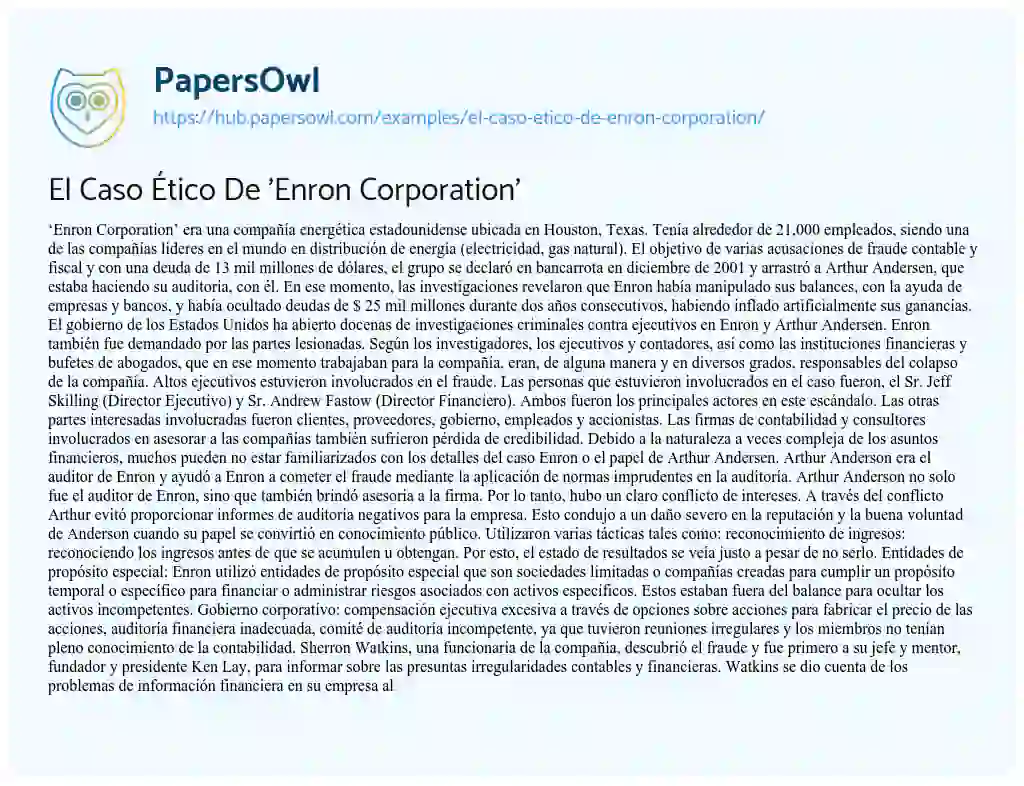 Essay on El Caso Ético De ‘Enron Corporation’
