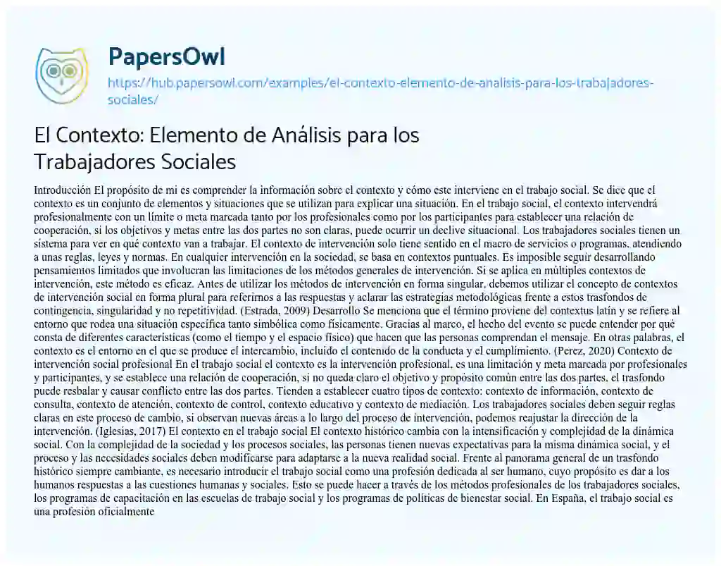 Essay on El Contexto: Elemento de Análisis para los Trabajadores Sociales