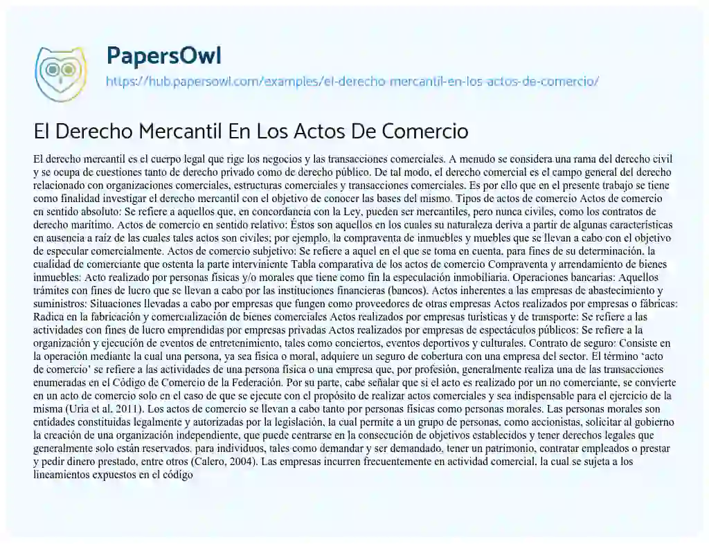 Essay on El Derecho Mercantil En Los Actos De Comercio