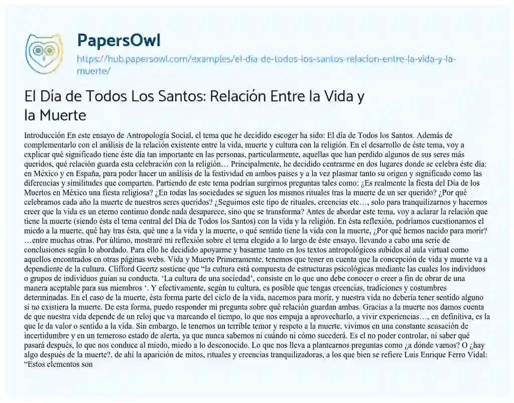 Essay on El Día de Todos Los Santos: Relación Entre la Vida y la Muerte