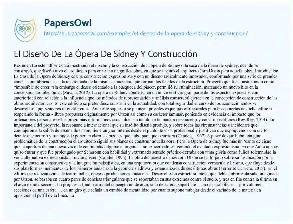Essay on El Diseño De La Ópera De Sídney Y Construcción
