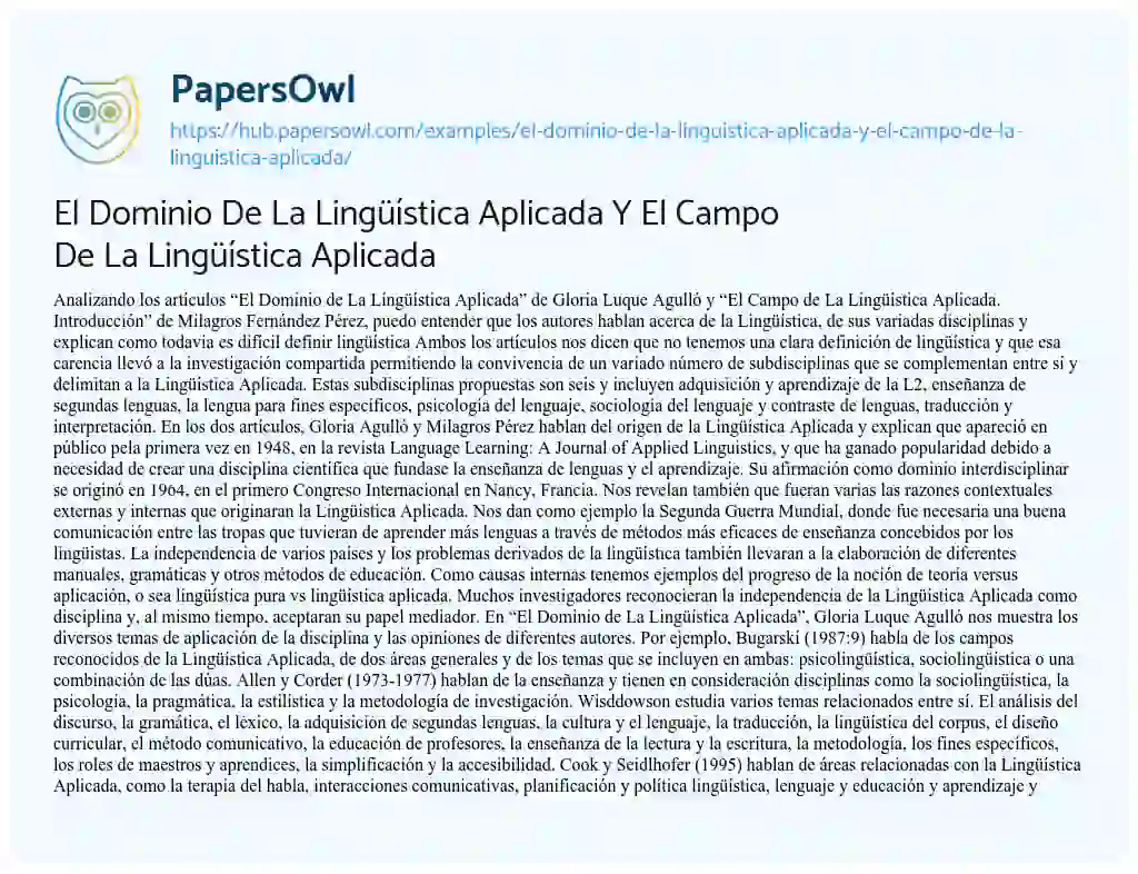 Essay on El Dominio De La Lingüística Aplicada Y El Campo De La Lingüística Aplicada