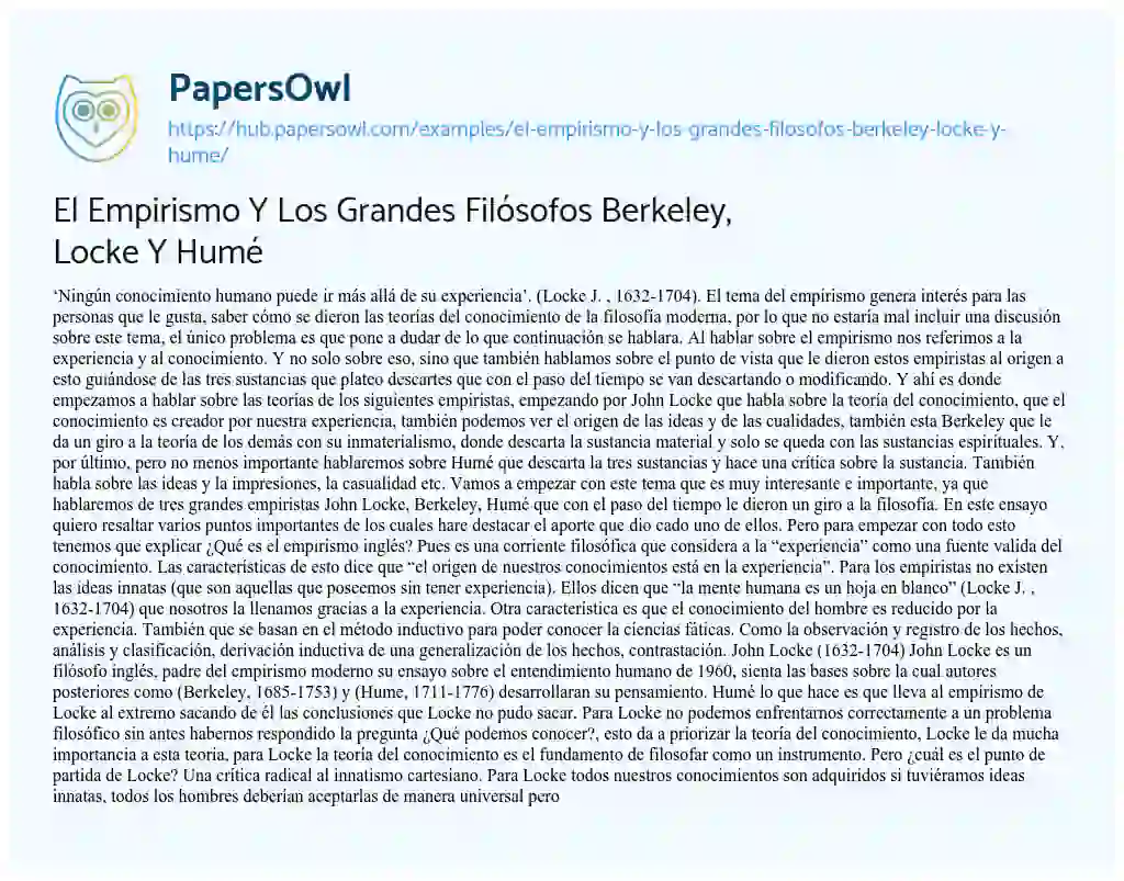 Essay on El Empirismo Y Los Grandes Filósofos Berkeley, Locke Y Humé