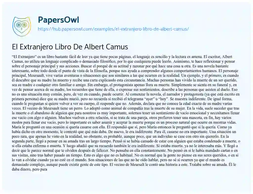 Essay on El Extranjero Libro De Albert Camus