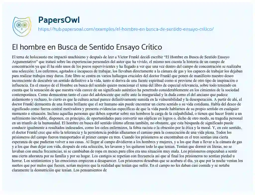 Essay on El hombre en Busca de Sentido Ensayo Crítico