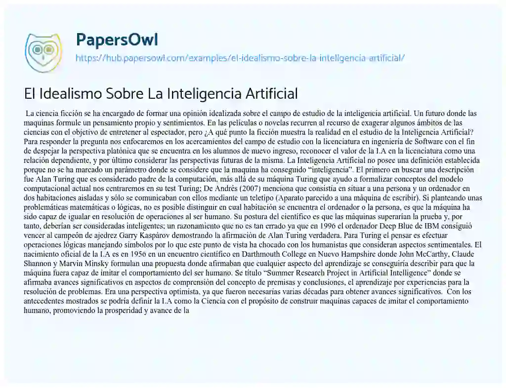 Essay on El Idealismo Sobre La Inteligencia Artificial