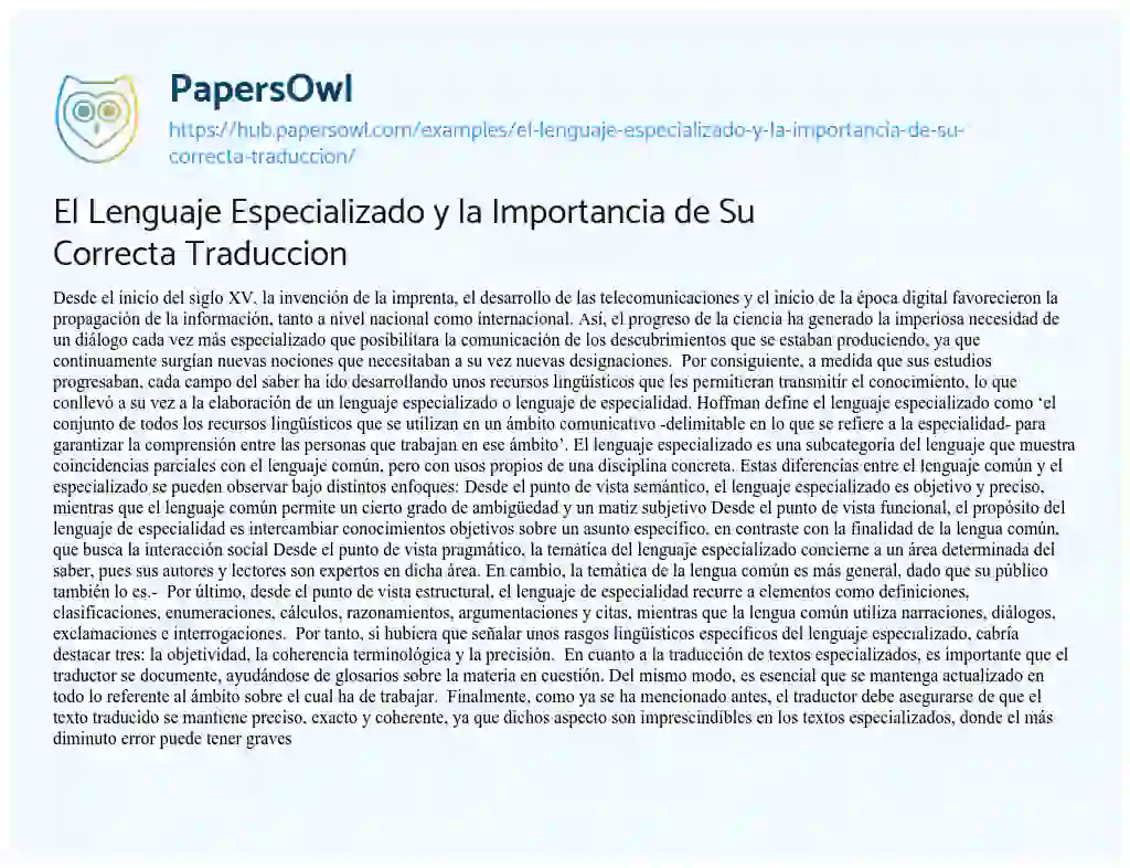 Essay on El Lenguaje Especializado y la Importancia de Su Correcta Traduccion