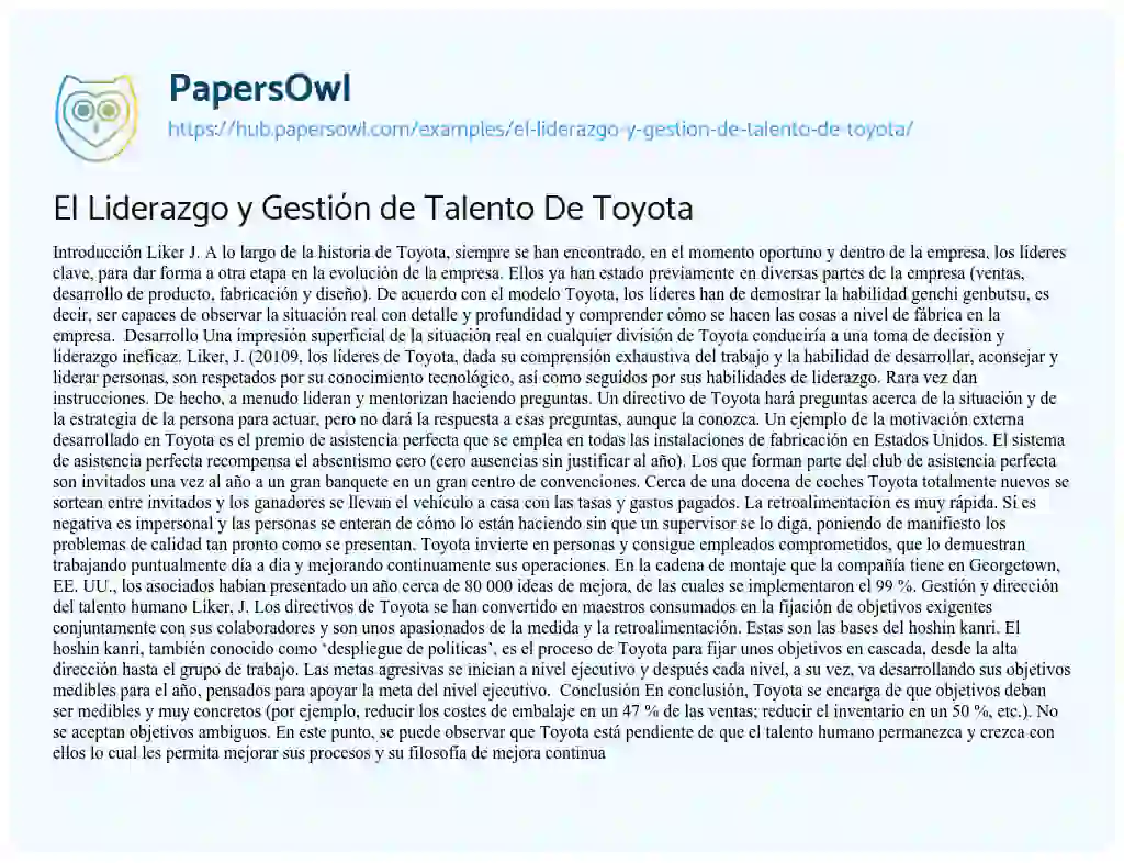 Essay on El Liderazgo y Gestión de Talento De Toyota