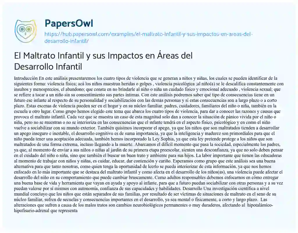 Essay on El Maltrato Infantil y sus Impactos en Áreas del Desarrollo Infantil