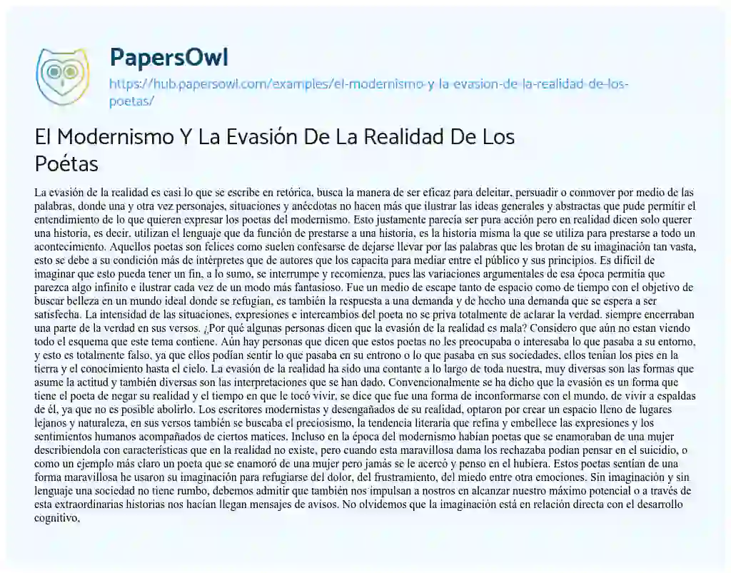 Essay on El Modernismo Y La Evasión De La Realidad De Los Poétas