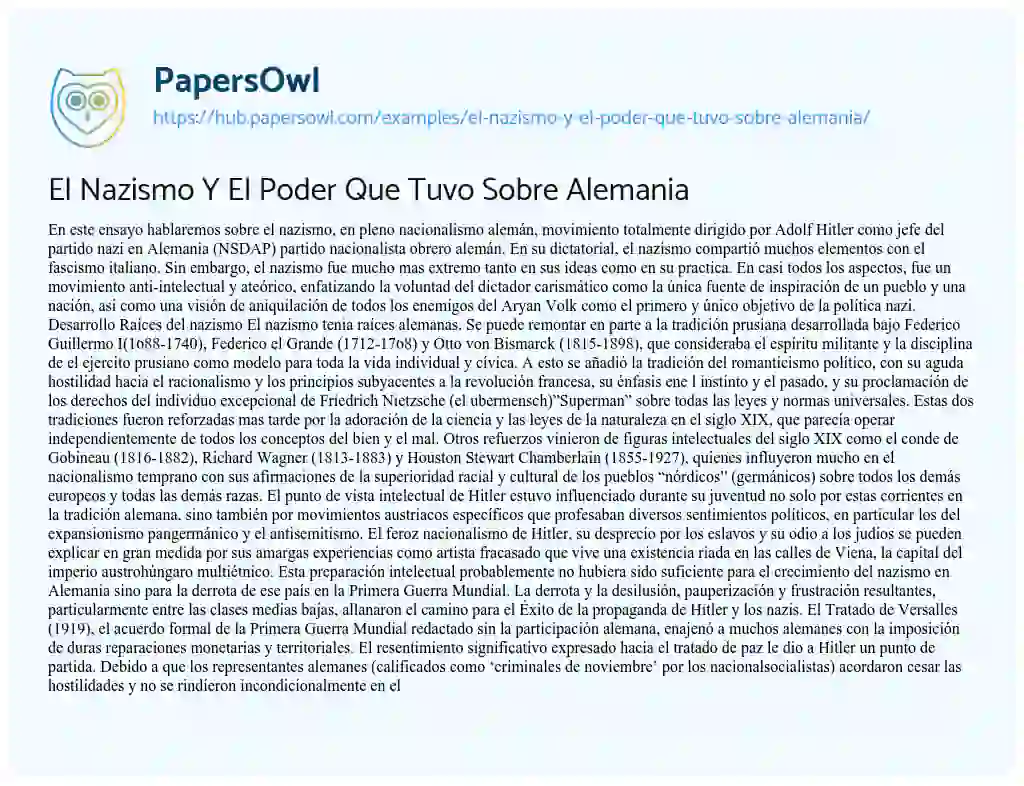 Essay on El Nazismo Y El Poder Que Tuvo Sobre Alemania