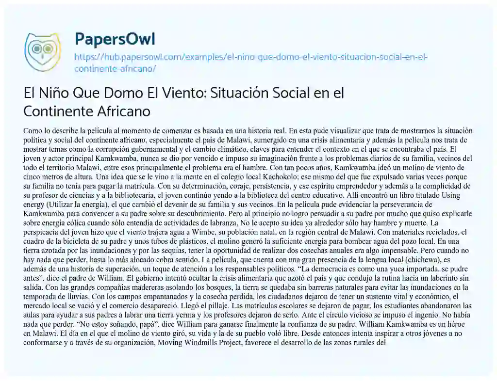 Essay on El Niño Que Domo El Viento: Situación Social en el Continente Africano