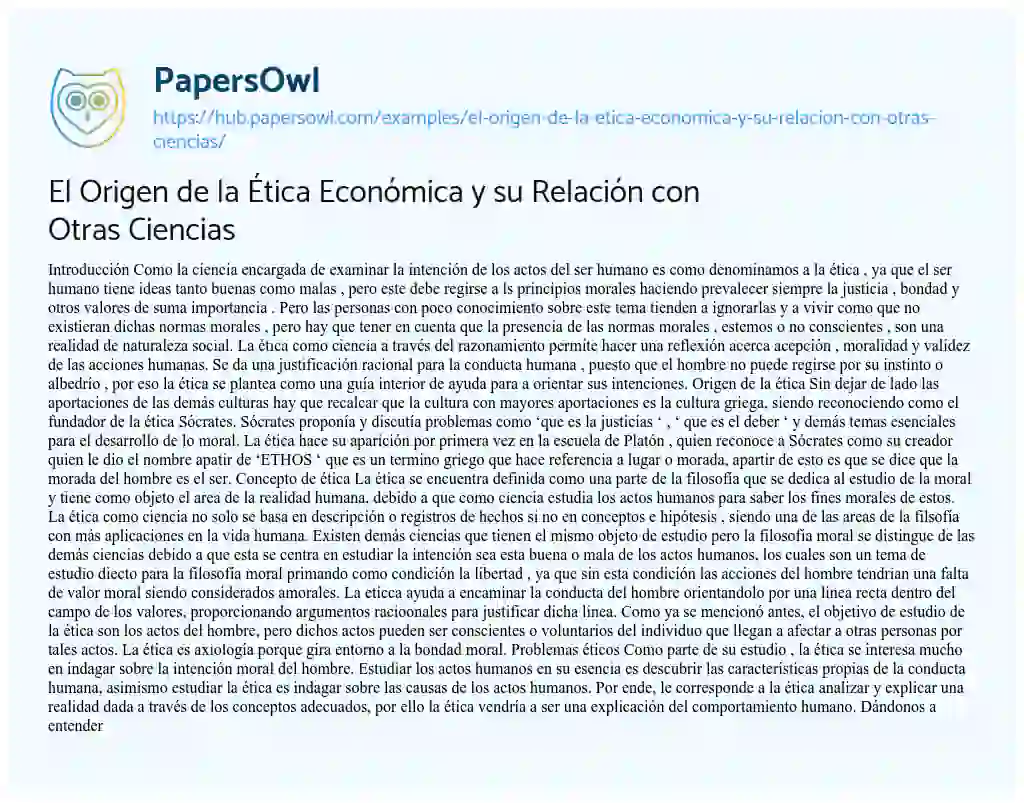 Essay on El Origen de la Ética Económica y su Relación con Otras Ciencias