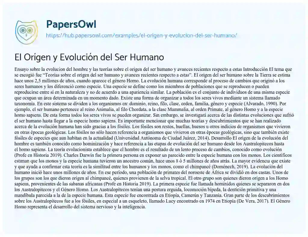 Essay on El Orígen y Evolución del Ser Humano