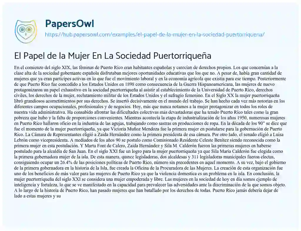 Essay on El Papel de la Mujer En La Sociedad Puertorriqueña