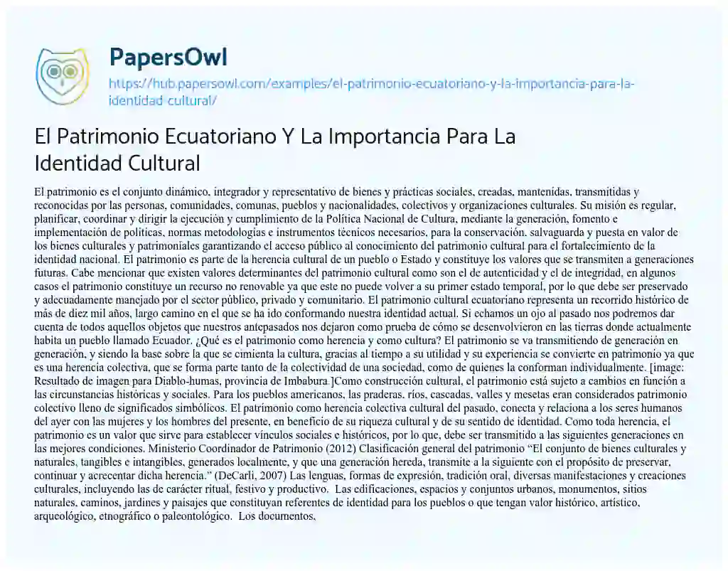 Essay on El Patrimonio Ecuatoriano Y La Importancia Para La Identidad Cultural