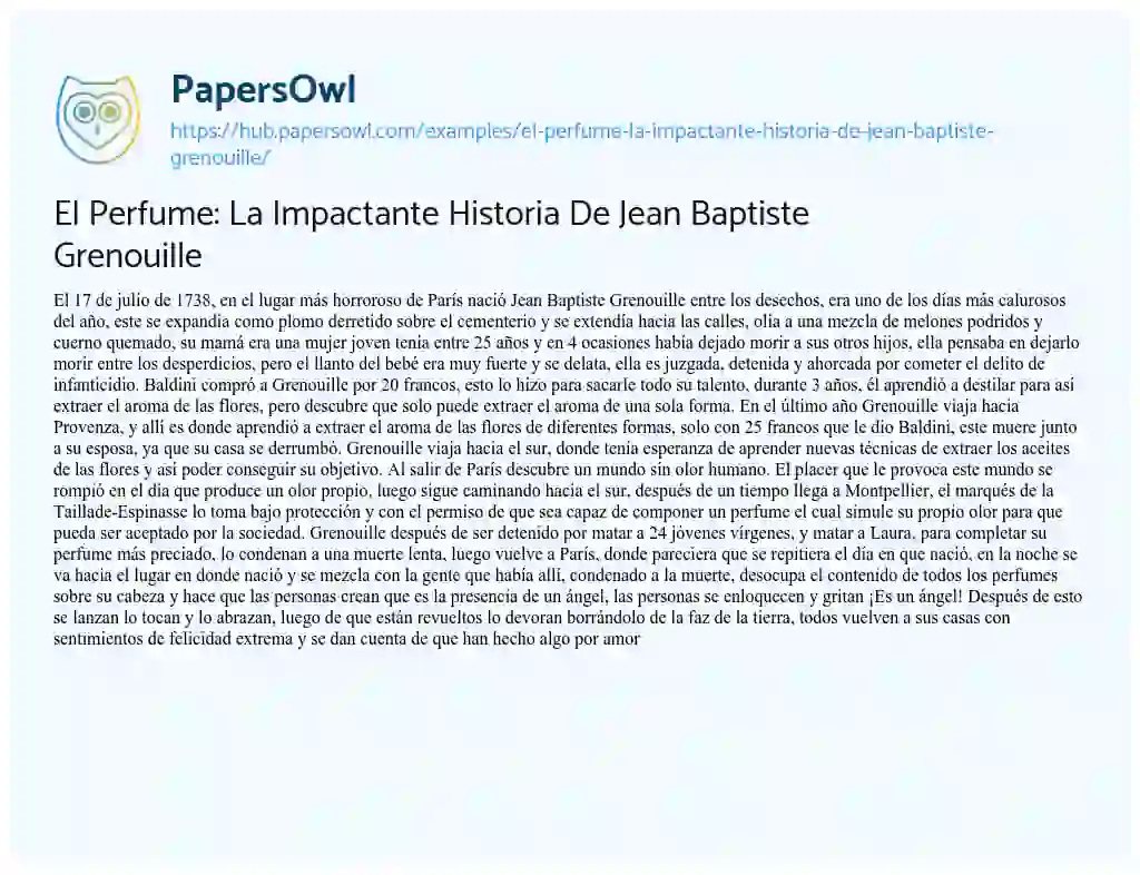Essay on El Perfume: La Impactante Historia De Jean Baptiste Grenouille