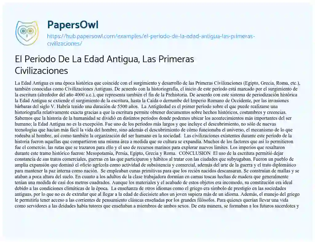 Essay on El Periodo De La Edad Antigua, Las Primeras Civilizaciones