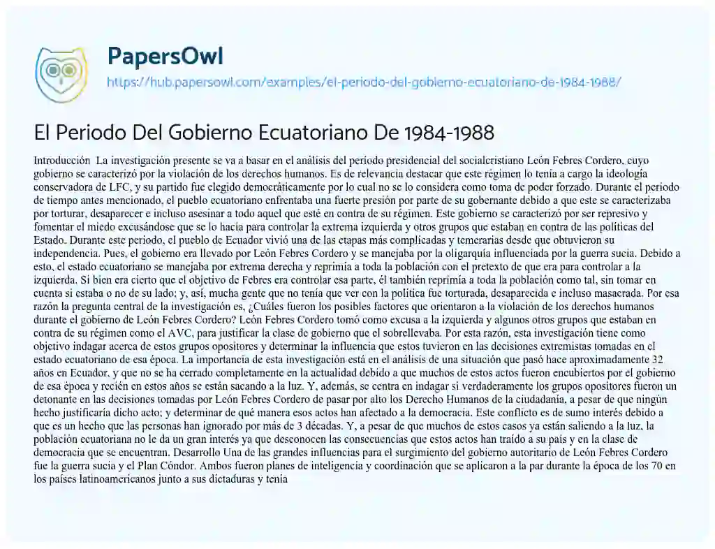 Essay on El Periodo Del Gobierno Ecuatoriano De 1984-1988