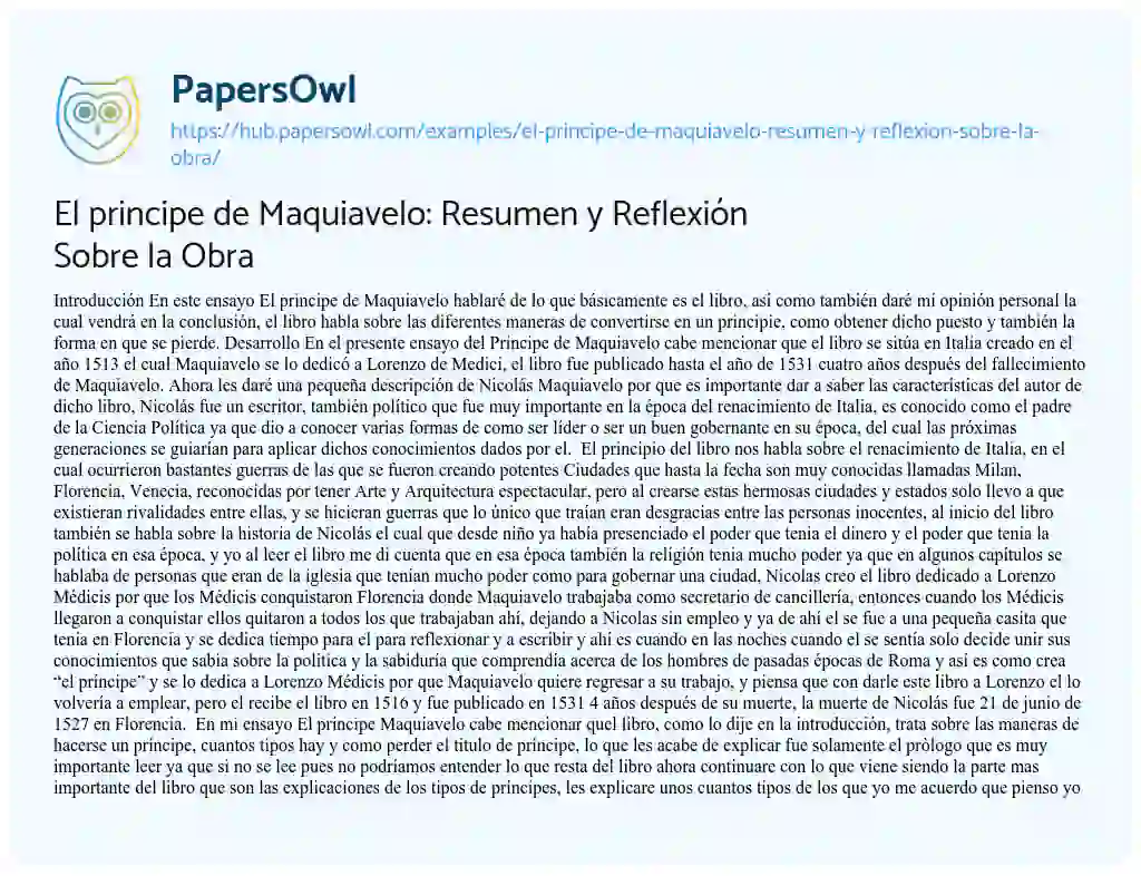 Essay on El principe de Maquiavelo: Resumen y Reflexión Sobre la Obra