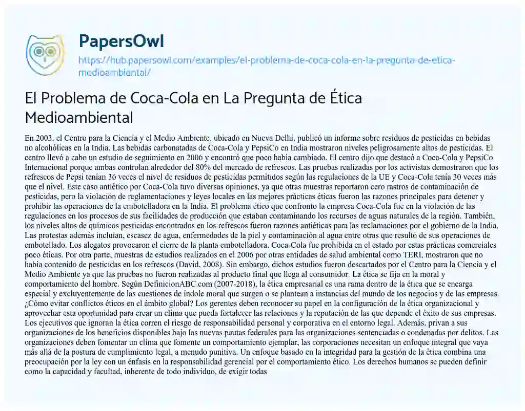 Essay on El Problema de Coca-Cola en La Pregunta de Ética Medioambiental