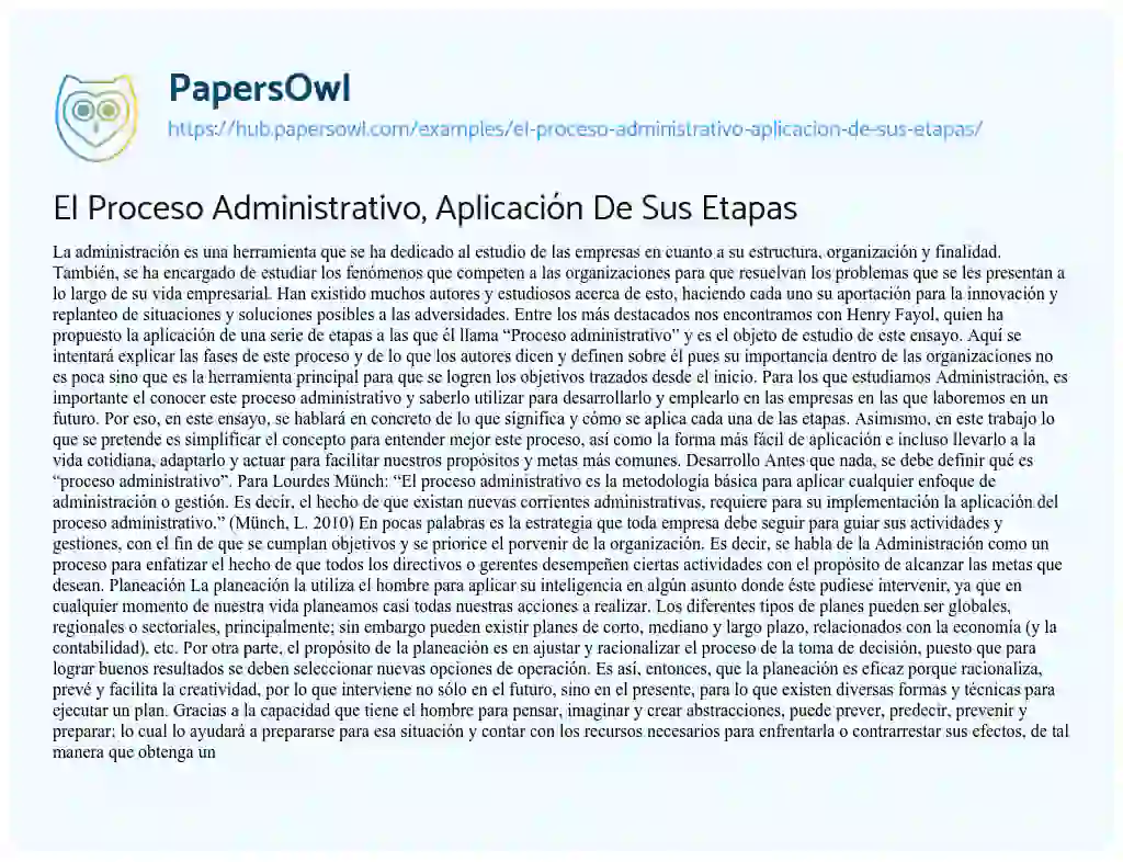 Essay on El Proceso Administrativo, Aplicación De Sus Etapas