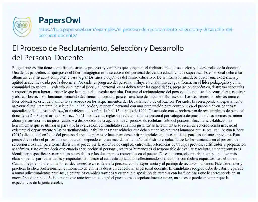 Essay on El Proceso de Reclutamiento, Selección y Desarrollo del Personal Docente