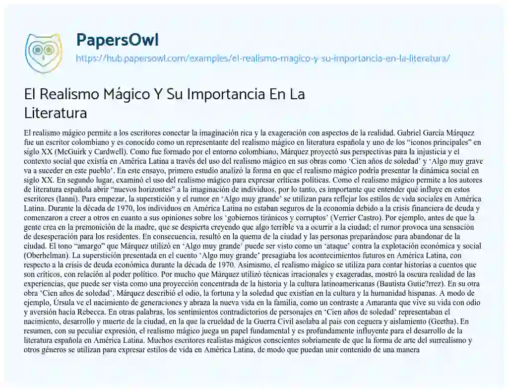 Essay on El Realismo Mágico Y Su Importancia En La Literatura