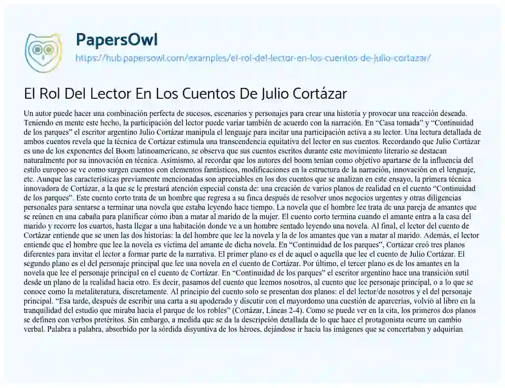 Essay on El Rol Del Lector En Los Cuentos De Julio Cortázar