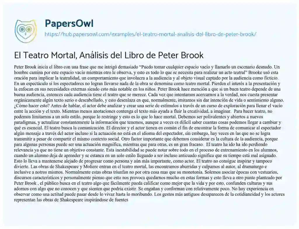 Essay on El Teatro Mortal, Análisis del Libro de Peter Brook