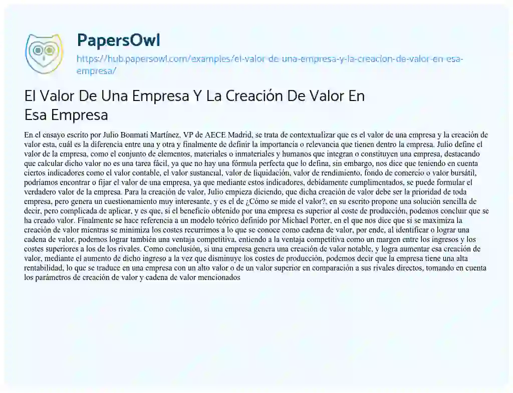 Essay on El Valor De Una Empresa Y La Creación De Valor En Esa Empresa