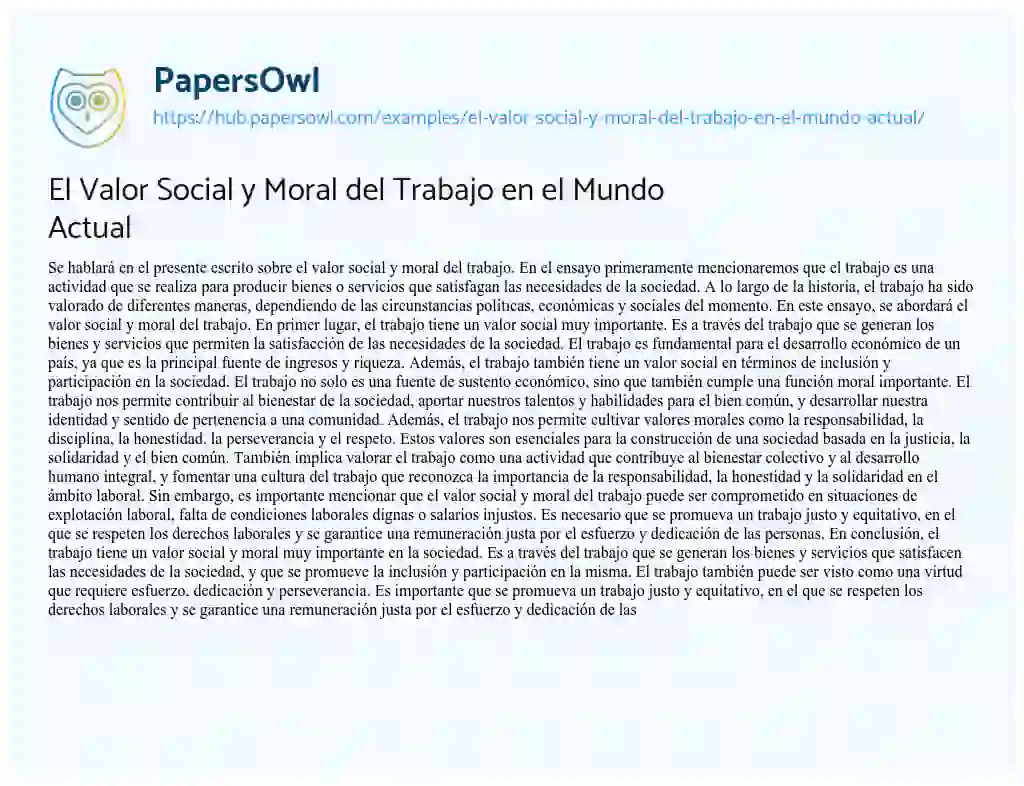 Essay on El Valor Social y Moral del Trabajo en el Mundo Actual