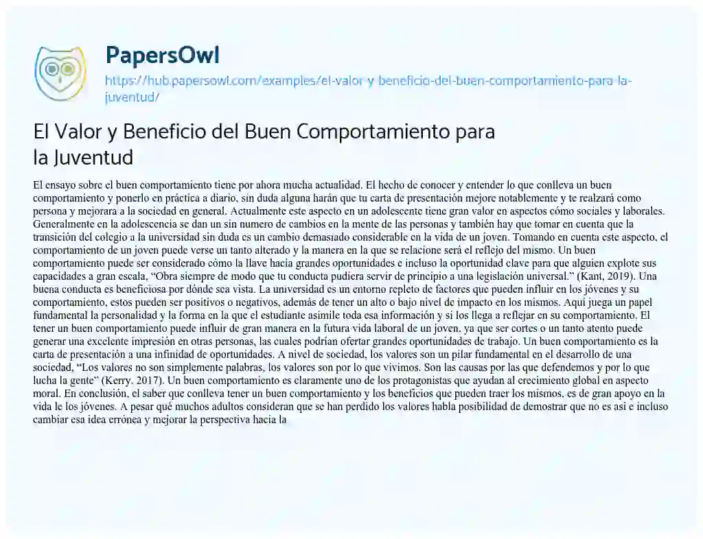 Essay on El Valor y Beneficio del Buen Comportamiento para la Juventud
