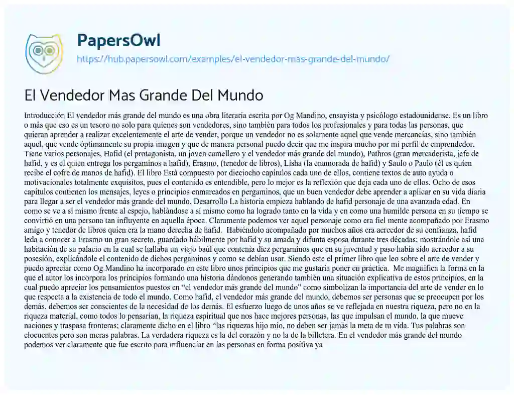 Essay on El Vendedor Mas Grande Del Mundo