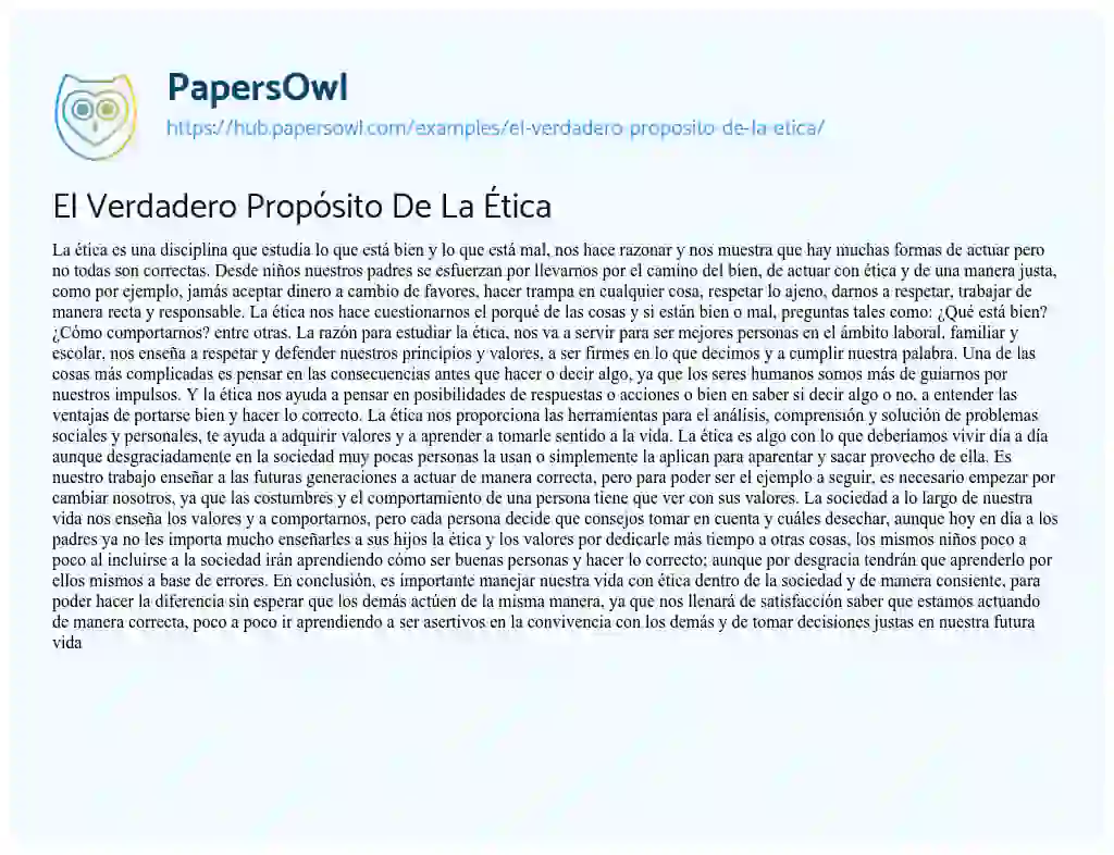 Essay on El Verdadero Propósito De La Ética