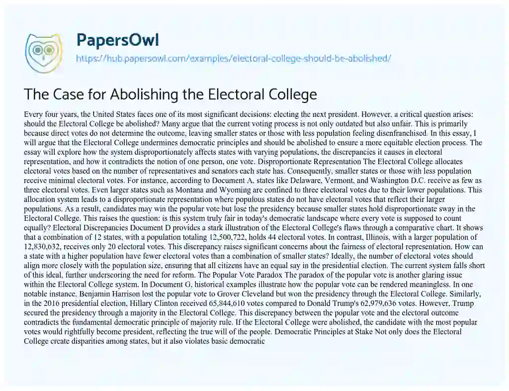 Essay on The Case for Abolishing the Electoral College