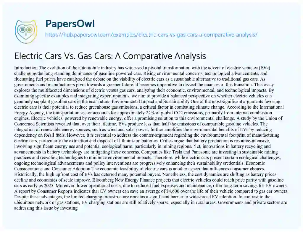 Essay on Electric Cars Vs. Gas Cars: A Comparative Analysis