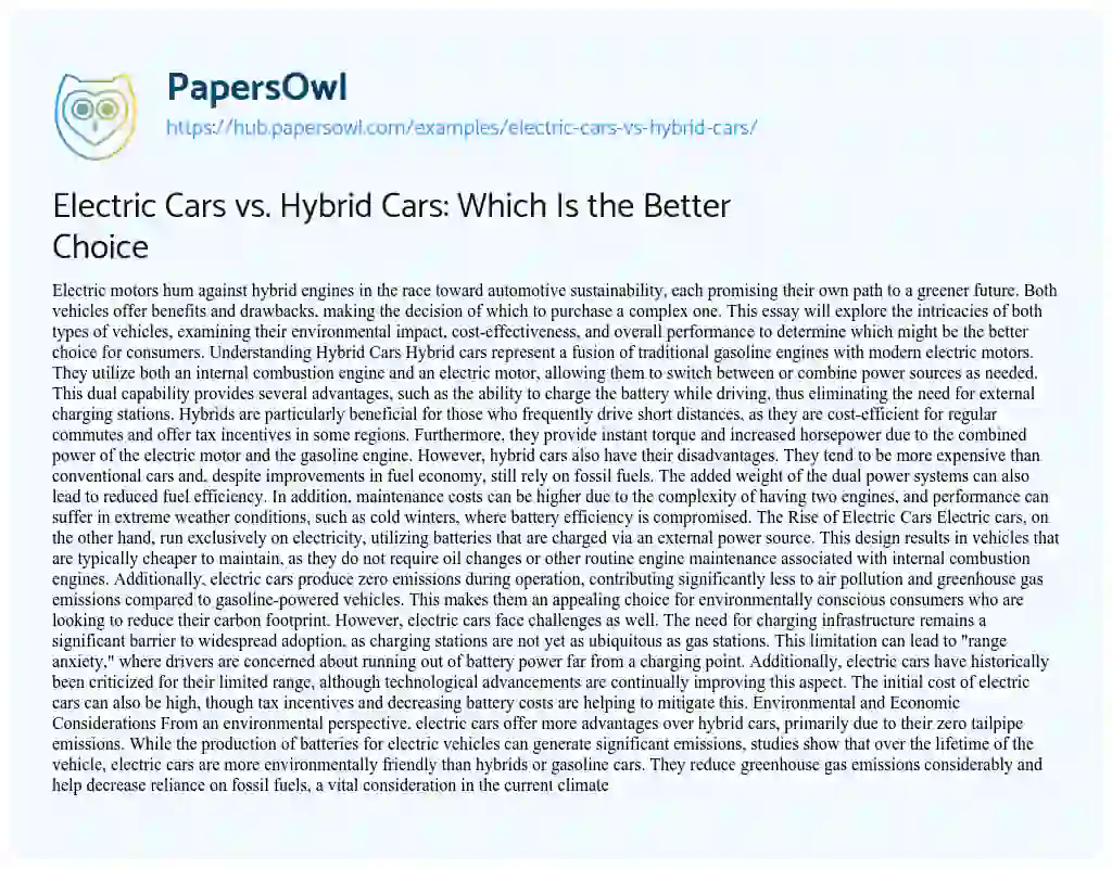 Essay on Electric Cars vs. Hybrid Cars: Which Is the Better Choice