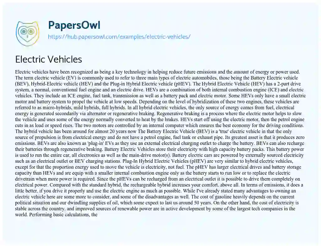 Essay on Electric Vehicles