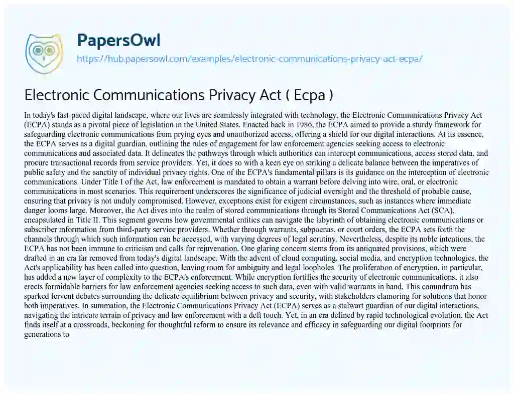 Essay on Electronic Communications Privacy Act ( Ecpa )