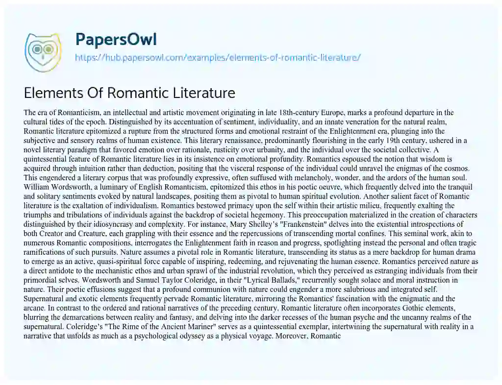 Essay on Elements Of Romantic Literature