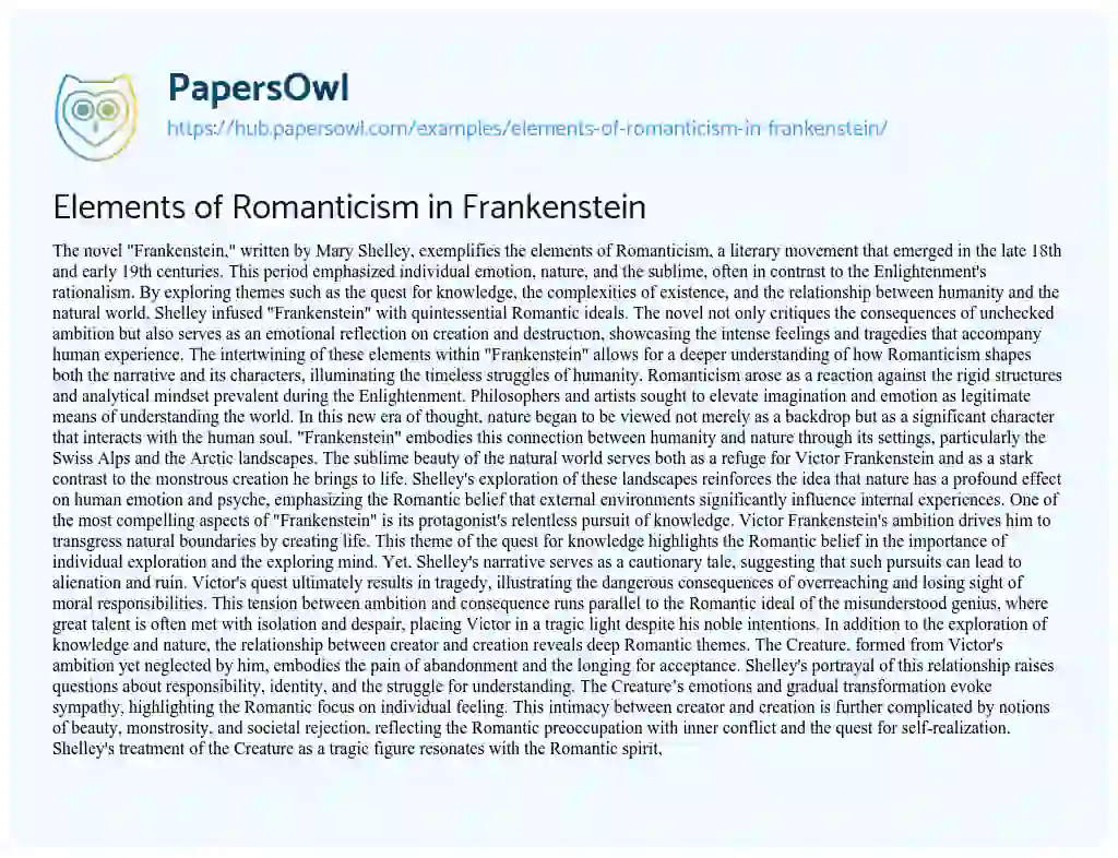 Essay on Elements of Romanticism in Frankenstein