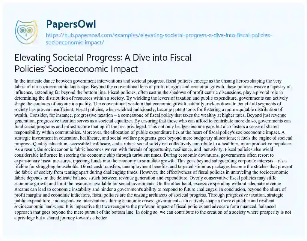 Essay on Elevating Societal Progress: A Dive into Fiscal Policies’ Socioeconomic Impact