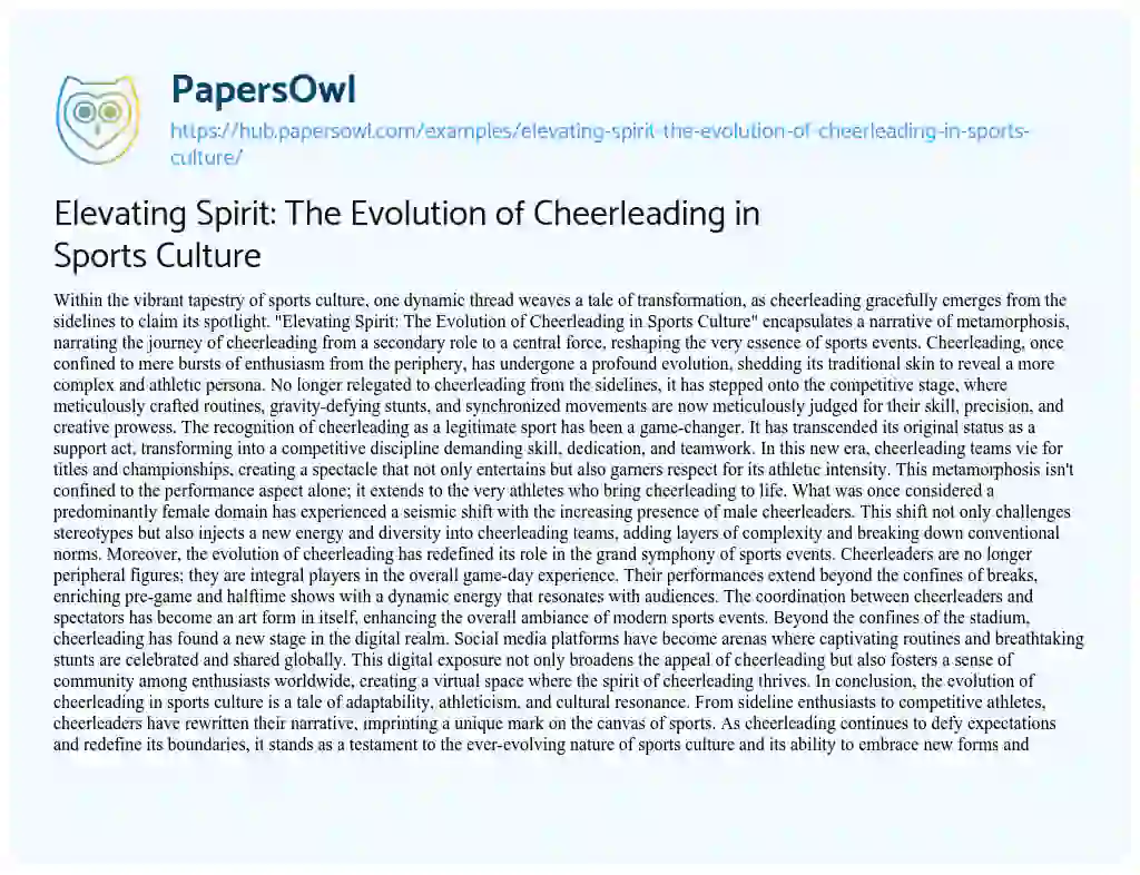 Essay on Elevating Spirit: The Evolution of Cheerleading in Sports Culture
