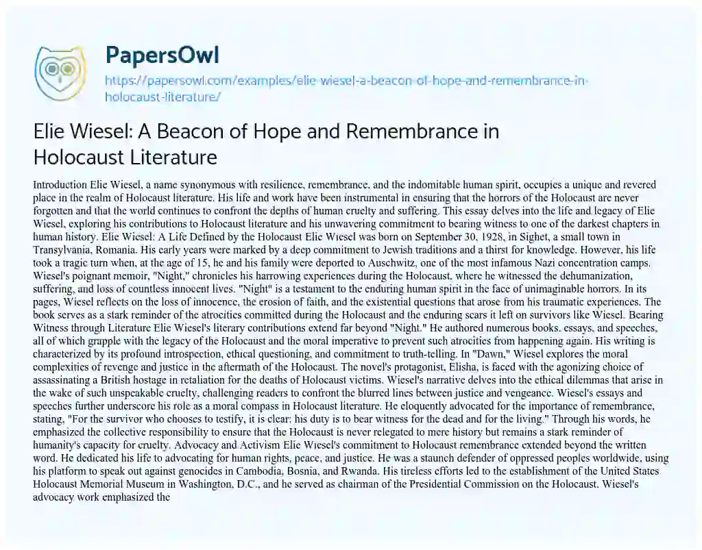 Essay on Elie Wiesel: A Beacon of Hope and Remembrance in Holocaust Literature