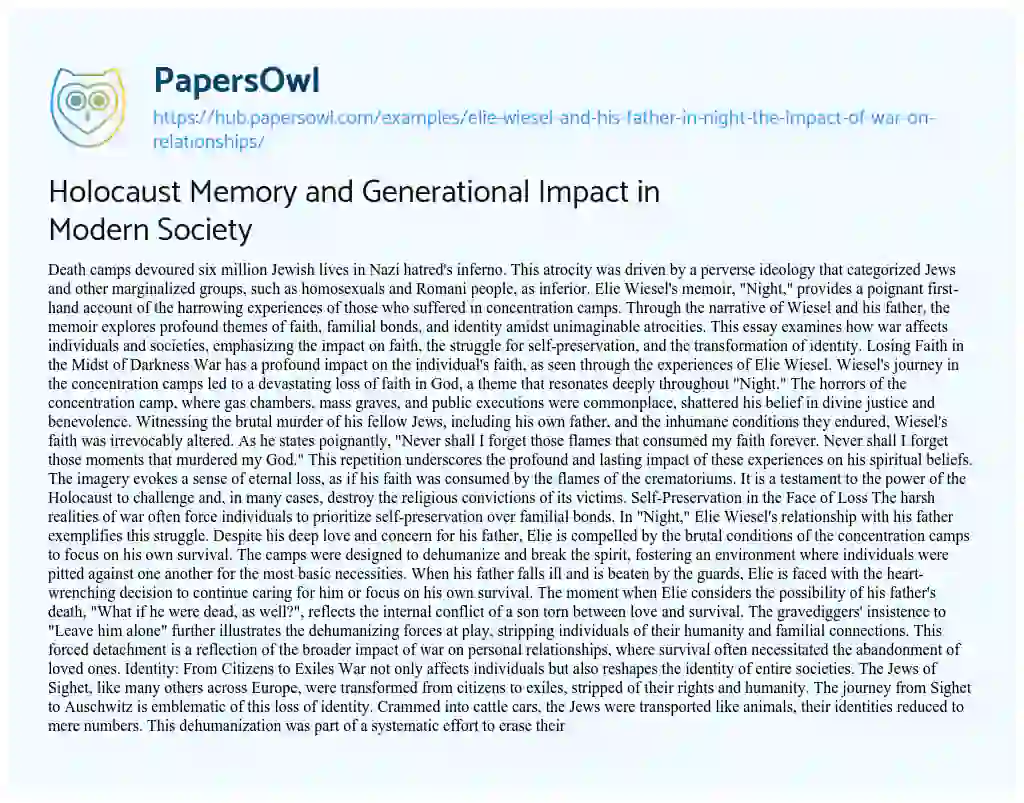 Essay on Holocaust Memory and Generational Impact in Modern Society