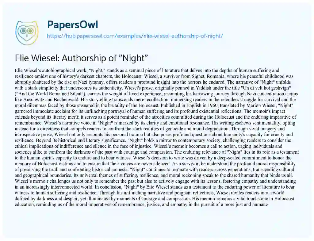 Essay on Elie Wiesel: Authorship of “Night”